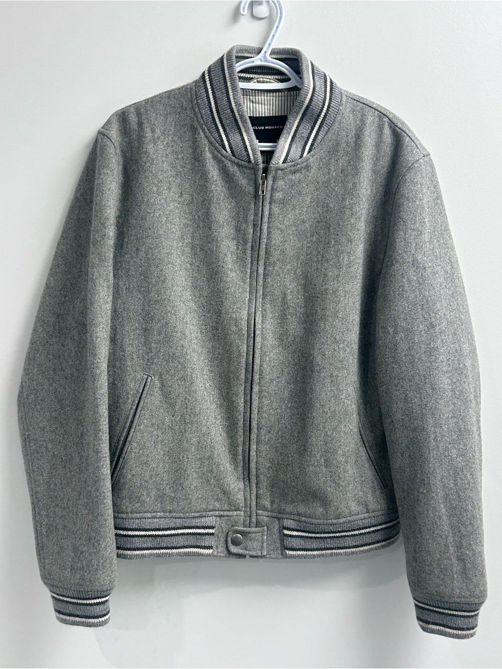 Club Monaco Mens Grey Bomber Jacket - Classic Varsity Style